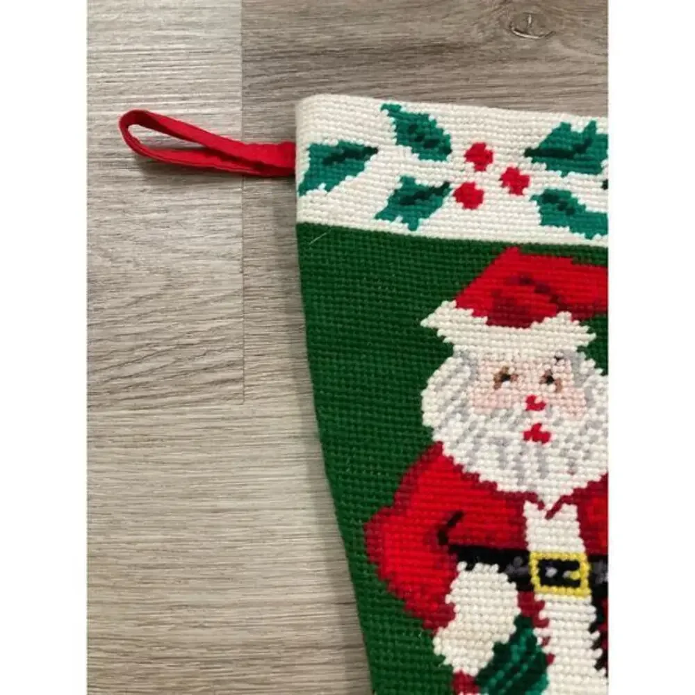 Vintage Needlepoint Santa Christmas Stocking Green Red 17